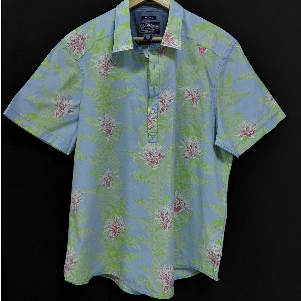 AMERICAN RAG Floral Cotton Shirt Blue Short Sleeve Collared Men Size XX-LARGE